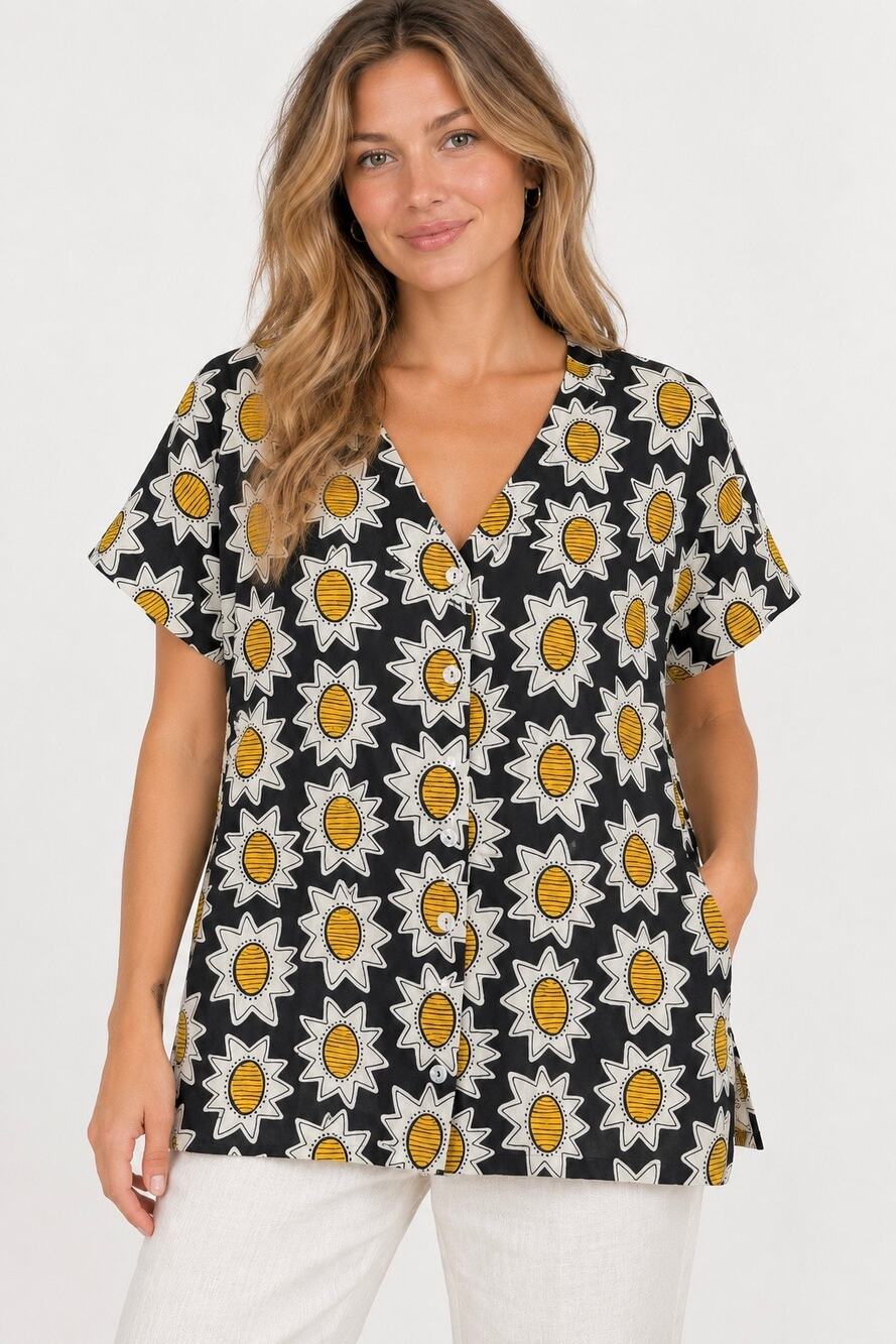 Gudrun Sjoden Sunflower Print Button Front Top Black Yellow Small Cotton Artsy